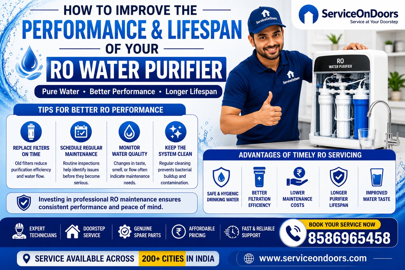 How to Improve the Performance & Lifespan of Your RO Water Purifier | ServiceOnDoors | 8586965458